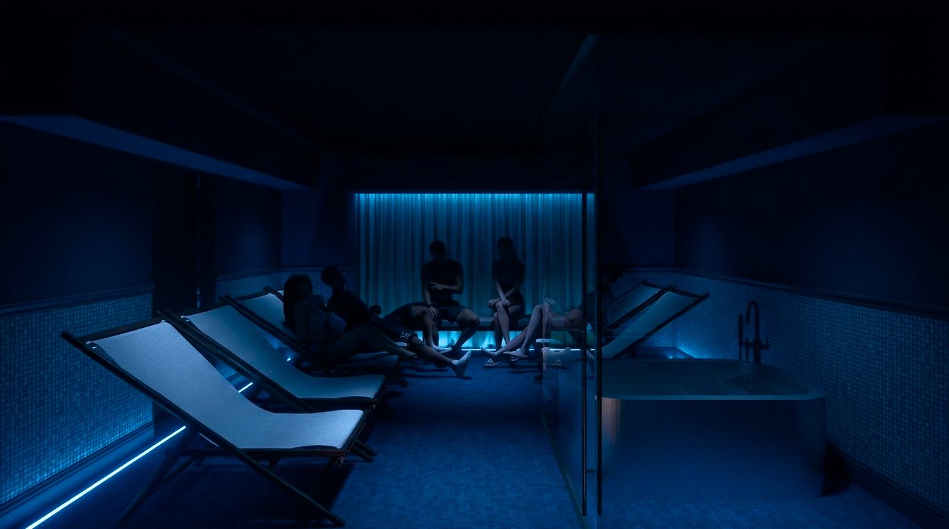 Cold bath and relaxation lounge in blue light