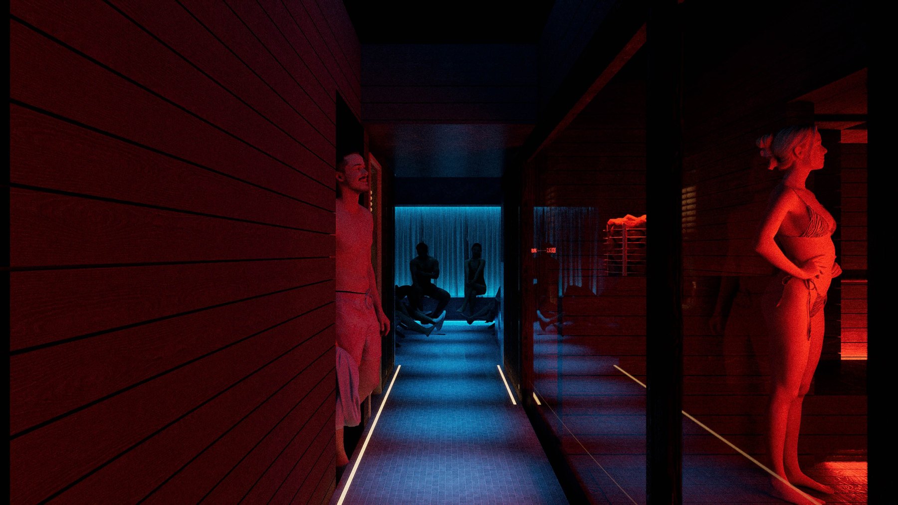 Heat and cold bath corridor in red and blue light