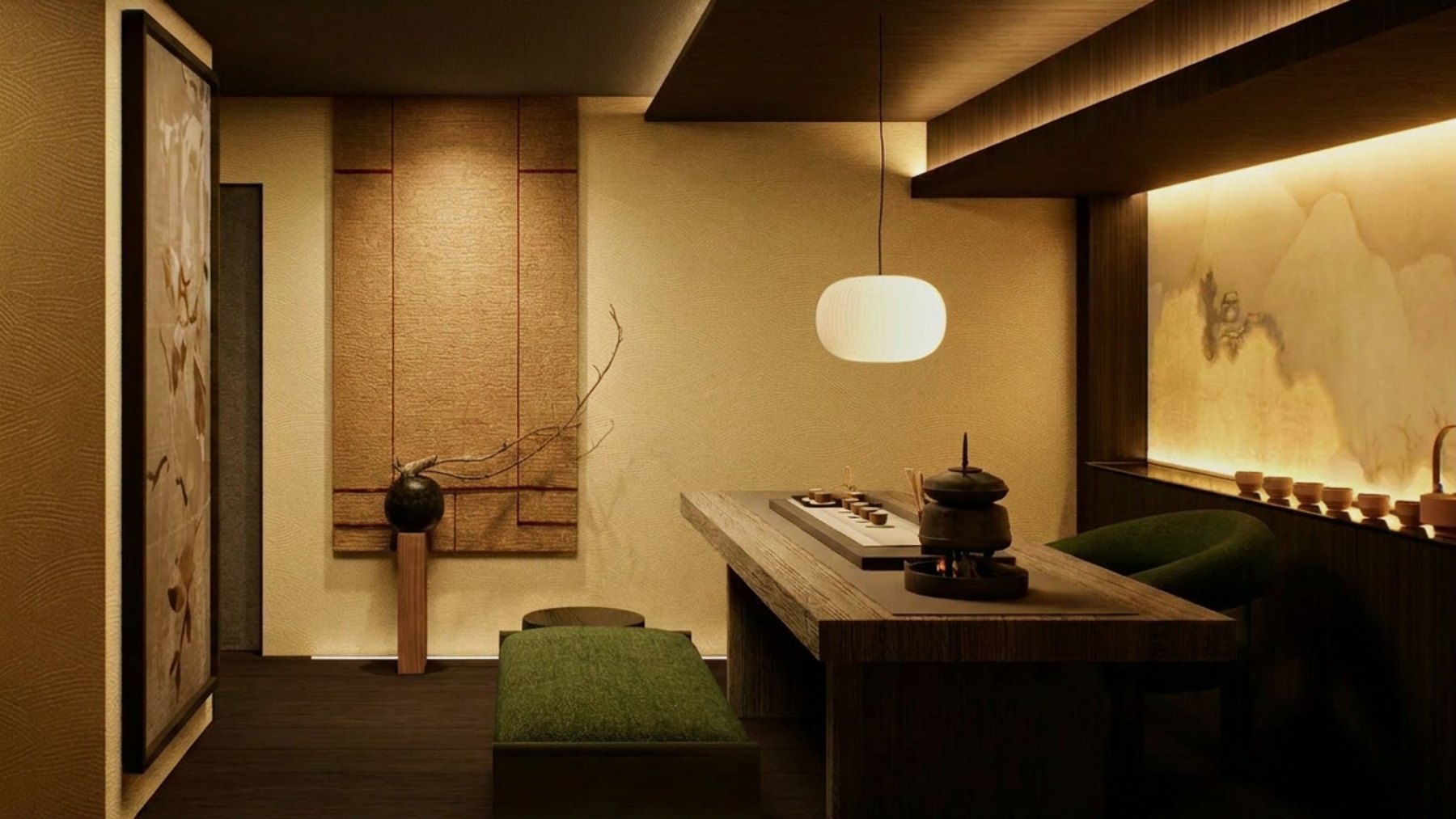 Private tea room with low table and warm light