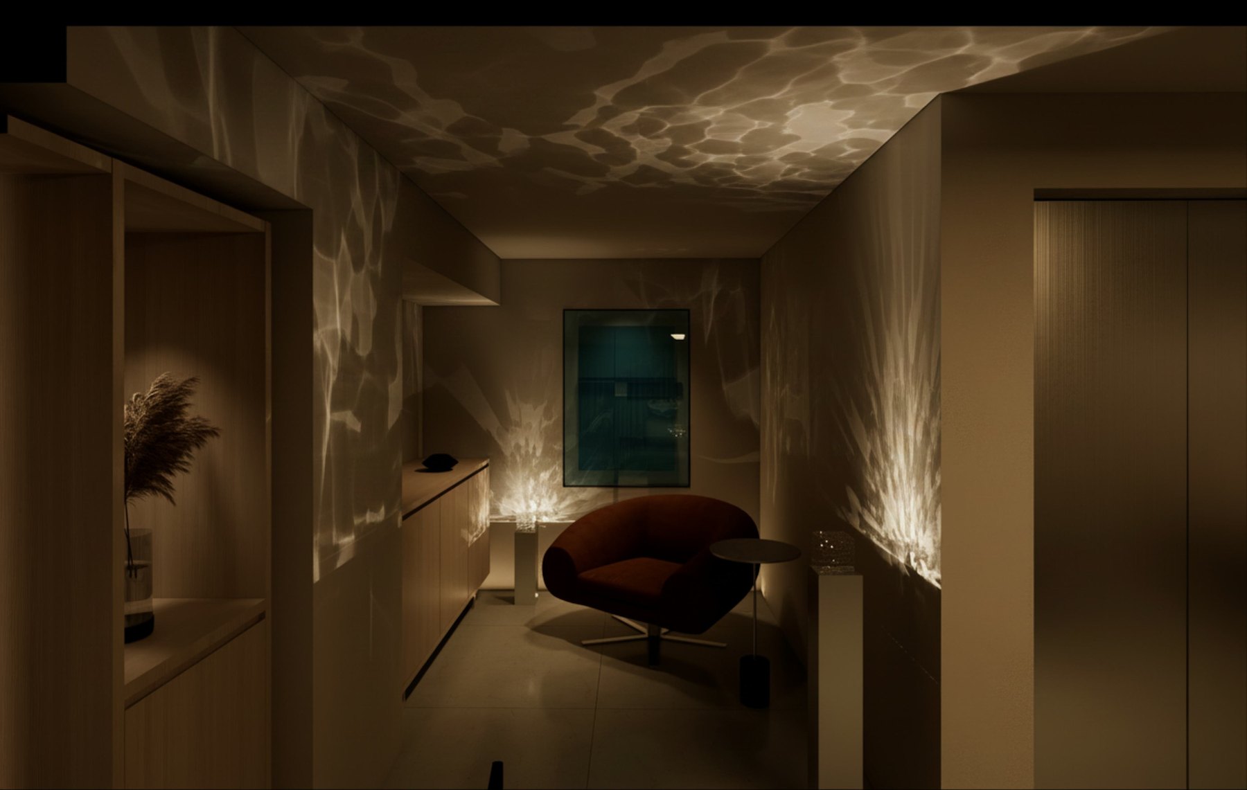Private interior with water-like light reflections